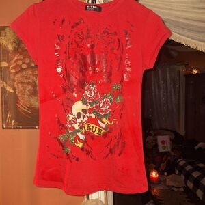 BONGO Red Short Sleeve Graphic Tee with Skull & Rose Print